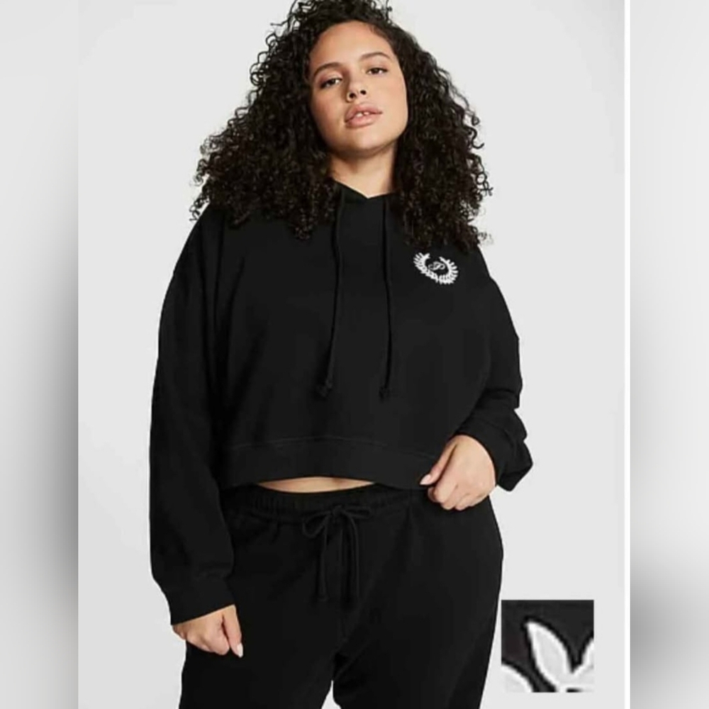 New Victorias Secret PINK Black Ivy Fleece Cropped Hoodie Size Medium